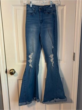 YMI Blue High-Rise Distressed Flare Jeans